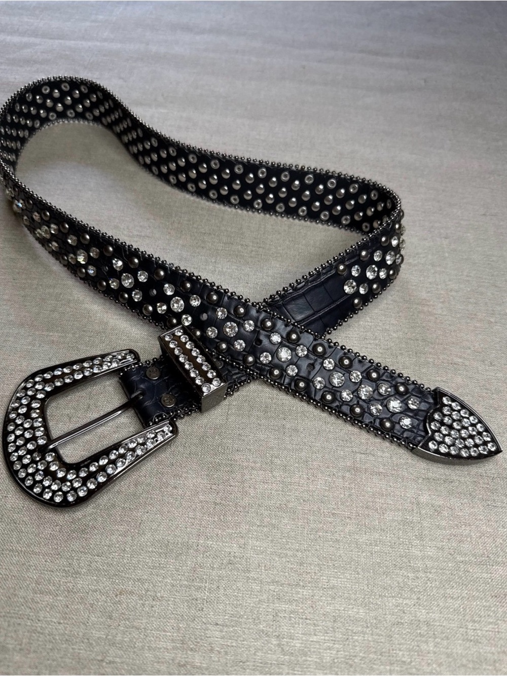 Vintage Y2K Crystal-Studded Leather Belt for Women